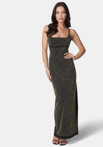 Bebe 3d Square Neck Gown In Black,gold