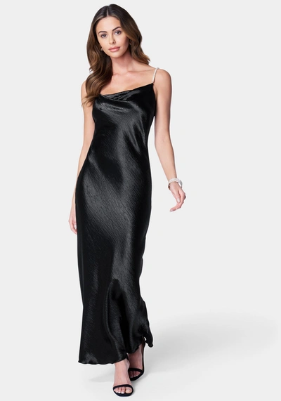 Bebe Hammered Satin Cowl Neck Pearl Strap Maxi Dress In Black