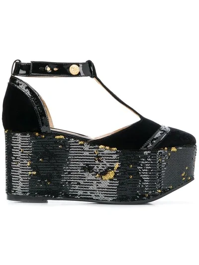 Rue St Sequined Platform T-bar Sandals In Black