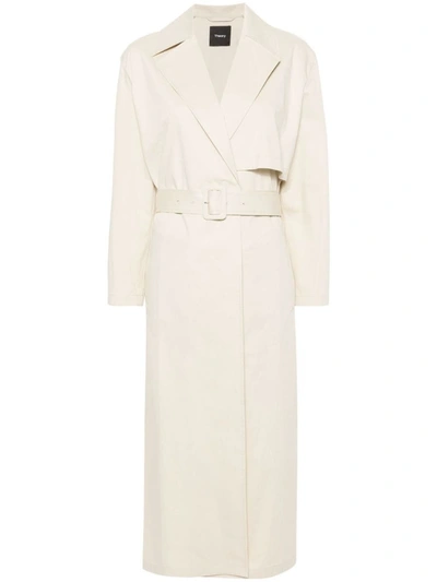 Theory Twill Belted Maxi Trench Coat In Neutrals