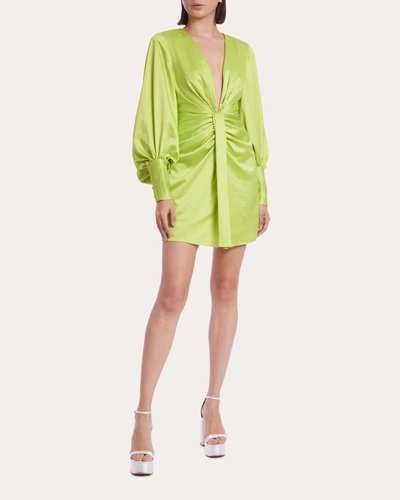 One33 Social Ruched Bishop-sleeve Deep V-neck Mini Dress In Lime