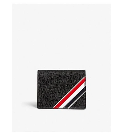 Thom Browne Striped Pebbled Leather Card Wallet In Black