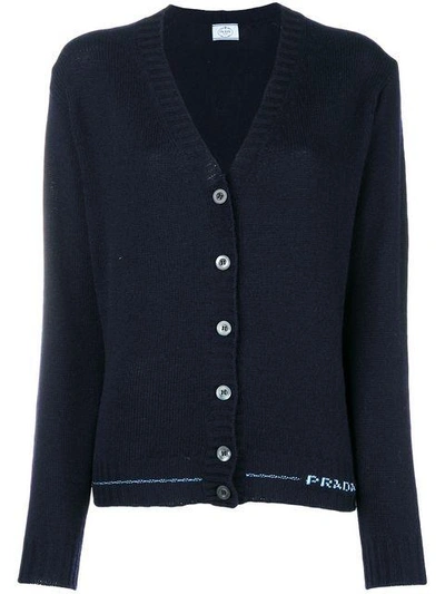 Prada Cashmere Logo Knit Cardigan In Blue