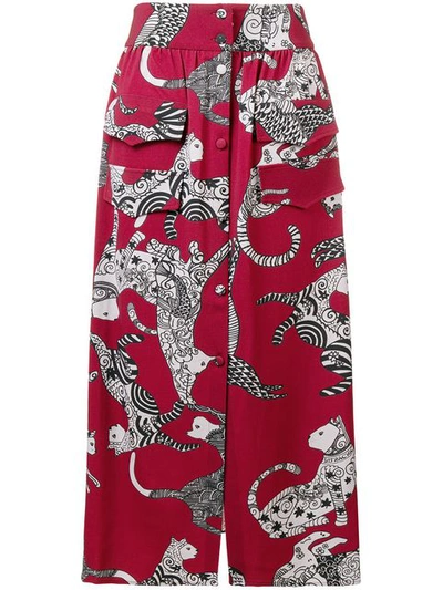 Ultràchic Long Cat Print Skirt - Red
