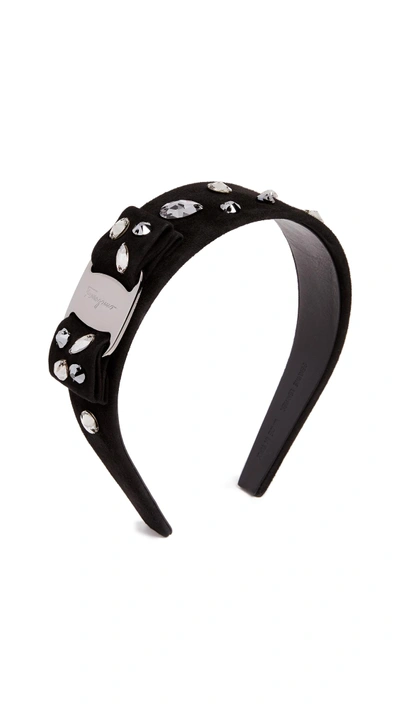 Ferragamo Crystal Bow Headband In Black