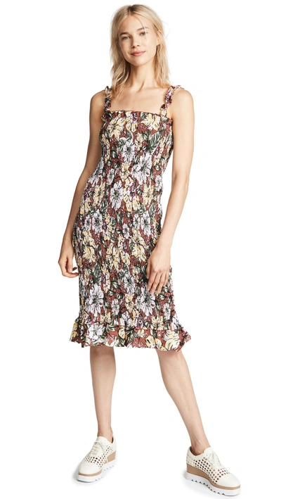 Faithfull The Brand Maya Smocked Floral-print Linen Midi Dress In Brown