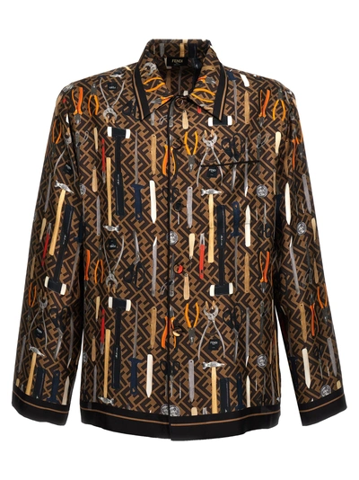Fendi Graphic-print Silk Shirt In Brown