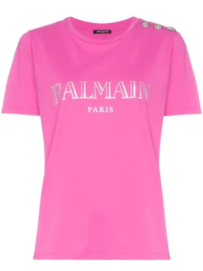 Balmain Metallic Logo Cotton Jersey T-shirt In Rose Fluo
