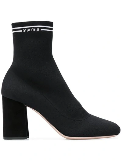 Miu Miu Logo Sock Ankle Boots In Nero+bianco