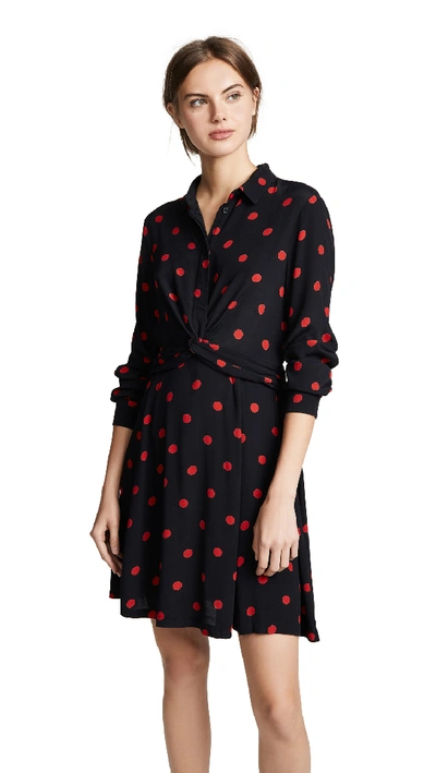 Ganni Barra Dot Twist Front Crepe Shirtdress In Black