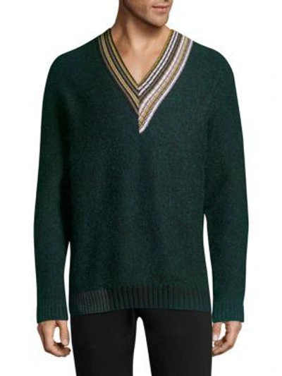 Solid Homme Multi-stripe V-neck Sweater In Green