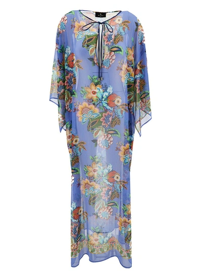 Etro Long Multicolor Kaftan With Bouquet-inspired Print In Viscose Woman In Clear Blue