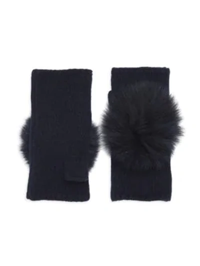 Carolyn Rowan Fox Fur Pom Pom Fingerless Gloves In Navy