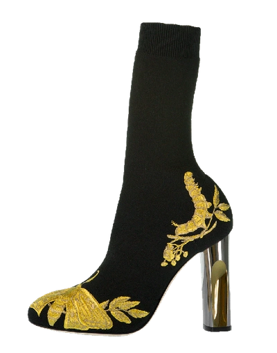 Alexander Mcqueen Gold Embroidery Stretch Bootie In Blk-gld