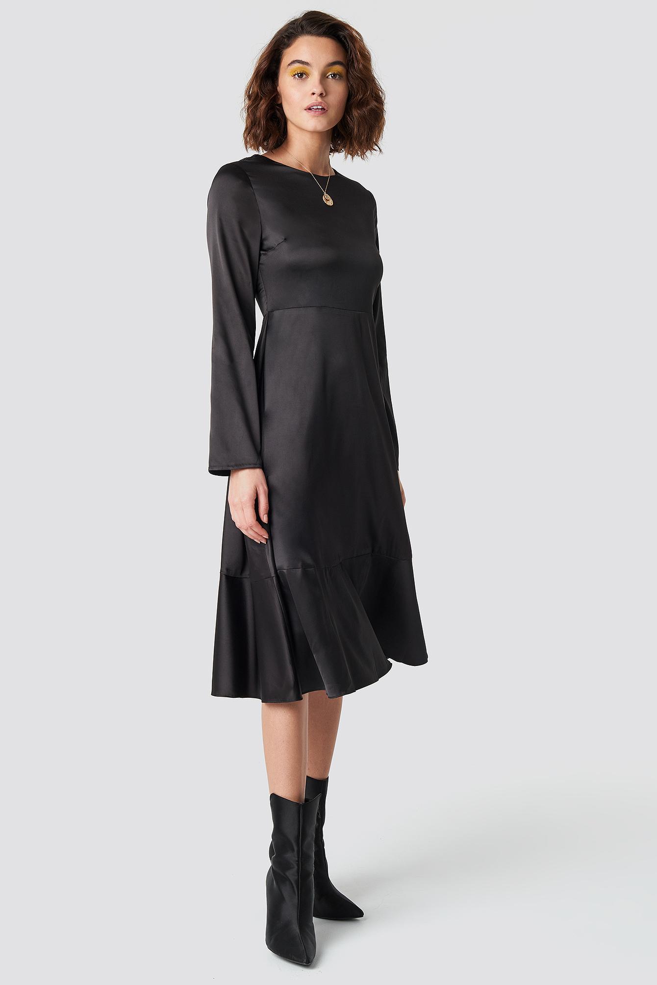 long sleeve black satin dress