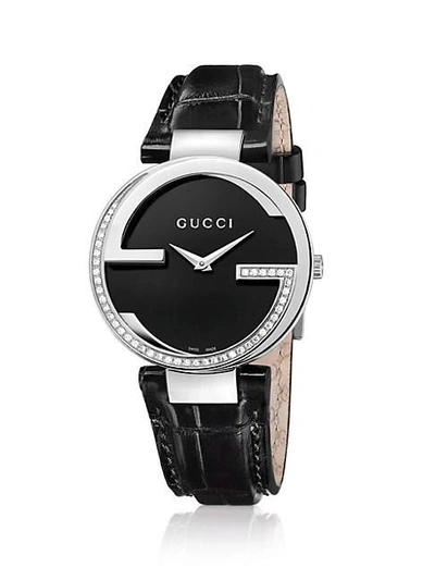 Gucci Interlocking Diamond, Stainless Steel & Crocodile Strap Watch In Black Silver