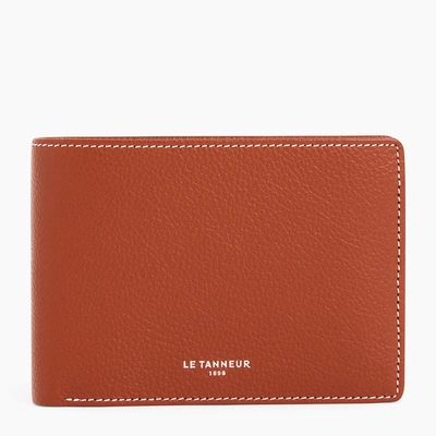 Le Tanneur Emile Flap Wallet With 2 Gussets In Pebbled Leather In Brown