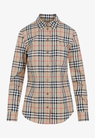 Burberry Button-down Checked Shirt In Nude