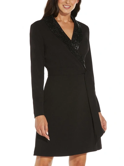 Adrianna Papell Womens Sequined Surplice Wrap Dress In Black