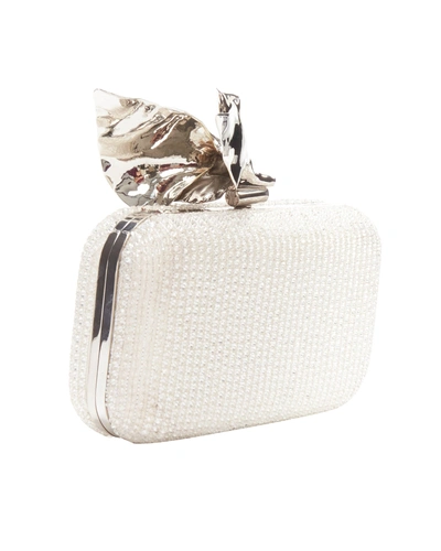 Maticevski Romancing White Bead Diamante Silver Metal Flower Clasp Box Clutch Bag