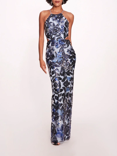 Marchesa Botanical Sequin Gown In Blue