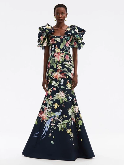 Oscar De La Renta Degrade Flora & Fauna Peplum-hem Maxi Dres In Navy Multi