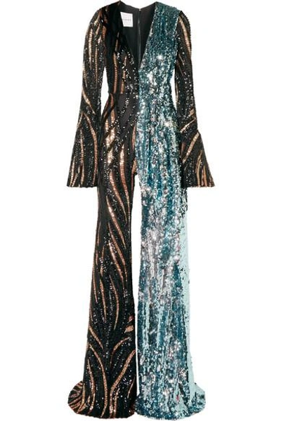 Halpern Tiger-print Sequined Tulle Jumpsuit In Black