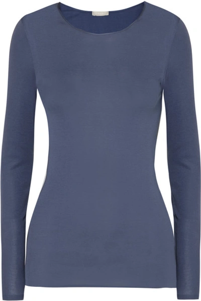 Hanro Satin-trimmed Cotton-jersey Top In Mid Denim