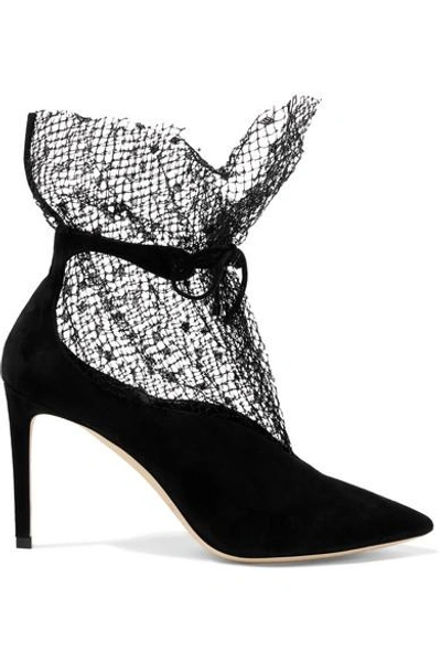 Jimmy Choo Leanne 85 Suede And Embroidered Mesh Pumps In Black