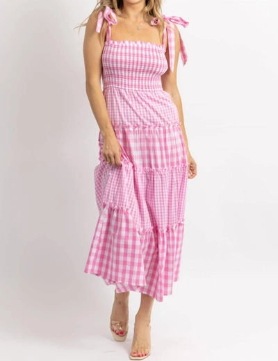 Day + Moon Mixed Gingham Smocked Maxi Dress In Pink