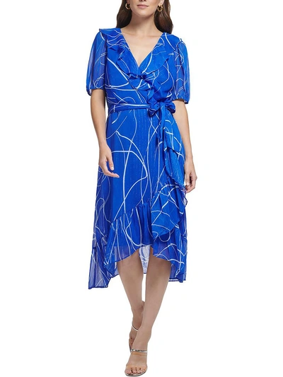 Dkny Womens Printed Midi Wrap Dress In Blue