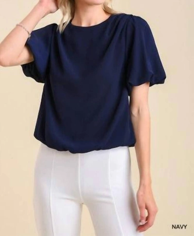 Umgee Pleated Bubble Sleeve Top In Navy In Blue