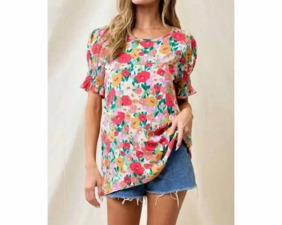 Lovely Melody Red Floral Top With Ruffle Frill Sleeve In Multi