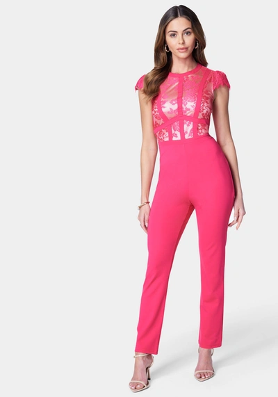 Bebe Caged Lace Catsuit In Raspberry Sorbet