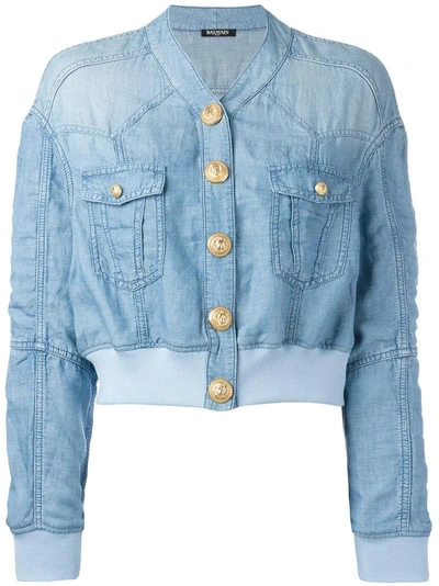 Balmain Cropped Washed Denim Jacket In Blue