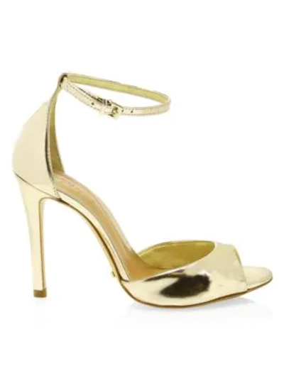 Schutz Saasha Lee Metallic Leather Ankle-strap Heels In Gold