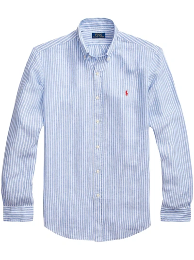 Polo Ralph Lauren Camicia In Lino A Righe Custom-fit In Light Blue