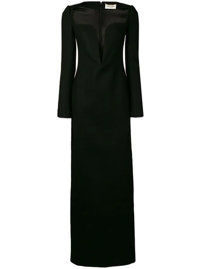 Saint Laurent Plunging Sweetheart Neck Wool Column Dress In Black