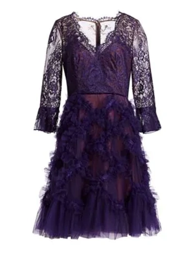 Marchesa Notte Lace And Lattice Tulle Dress In Purple