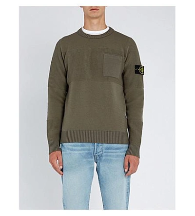 Stone Island Textured-panel Wool-blend Jumper In Olive