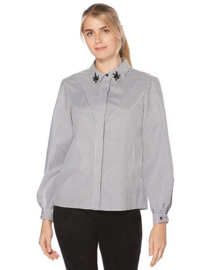 Shelli Segal Laundry By  Candy Stripe Button Front Shirt With Trim In Charcoal