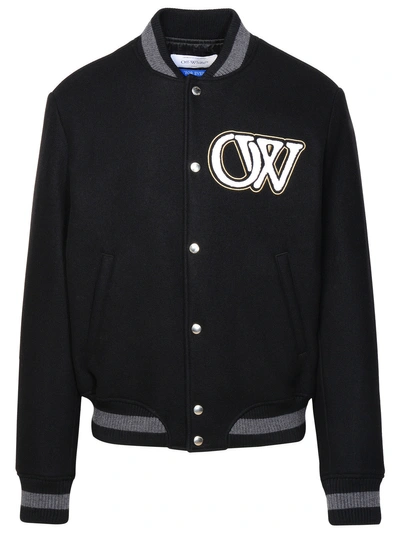 Off-white Man 'varsity' Black Virgin Wool Blend Bomber Jacket