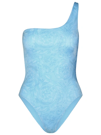 Versace Woman Asymmetric 'barocco' One-piece Swimsuit In Light Blue Polyester Blend