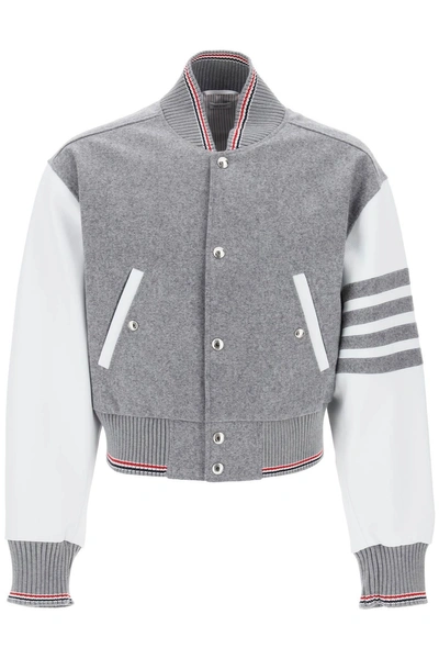 Thom Browne Wool Bomber Jacket With Leather Sleeves And In Grey
