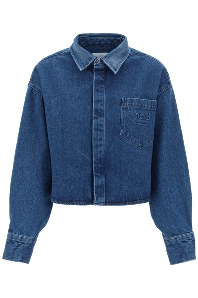 Ami Alexandre Mattiussi Cropped Denim Overshirt With Printed Logo. In Blue