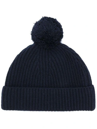 Closed Ribbed Pompom Hat - Blue