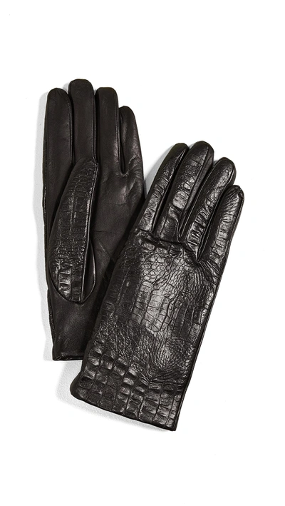 Carolina Amato Croc Leather Gloves In Black