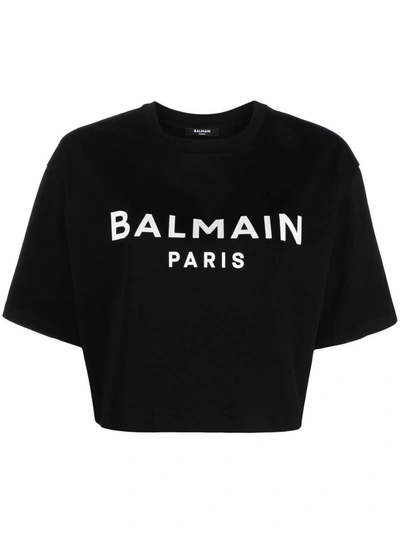 Balmain Logo Organic Cotton Cropped T-shirt In Black