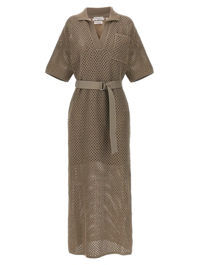 Brunello Cucinelli Knitted Midi Dress In Beige