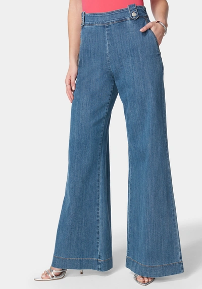 Bebe High Waist Ultra Wide Leg Light Weight Denim In Cielo Wash